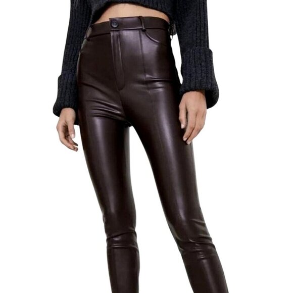 Zara‎ Pants Women Medium Dark Brown Faux Leather High Rise Zipper Hem Skinny Leg - Picture 1 of 14